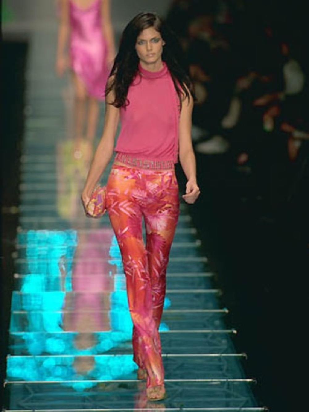 Vintage GIANNI VERSACE S/S 2000 Silk Palm Print Straight Leg Pants in Pink